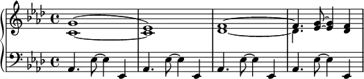 {
\new PianoStaff <<
\new Staff <<
\new Voice \relative c'' {
\set Score.tempoHideNote = ##t \tempo 4 = 172
\clef treble \key aes \major \time 4/4
\voiceOne g1( es) f~ f4. <es g>8~ <es g>4 <des f>
}
\new Voice \relative c' {
\clef treble \key aes \major \time 4/4
\voiceTwo c1~ c des~ des4.
}
>>
\new Staff <<
\relative c {
\clef bass \key aes \major \time 4/4
aes4. es'8~ es4 es,
aes4. es'8~ es4 es,
aes4. es'8~ es4 es,
aes4. es'8~ es4 es,
}
>>
>> }