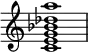 {
\override Score.TimeSignature #'stencil = ##f
\relative c' {
\clef treble \time 4/4
<c e g bes des a'>1
} }