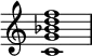 {
\override Score.TimeSignature #'stencil = ##f
\relative c' {
\clef treble
\time 4/4
\key c \major
<c g' bes d f>1
} }