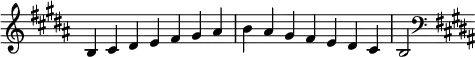 {
\omit Score.TimeSignature \relative c' {
\key b \major \time 7/4 b cis dis e fis gis ais b ais gis fis e dis cis b2
\clef F \key b \major } }