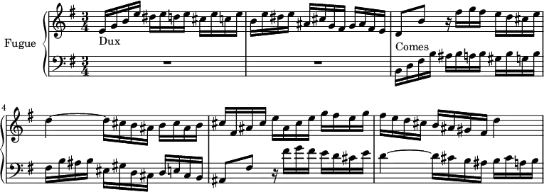 \version "2.18.2"
\header {
tagline = ##f
}
Dux = { e16_\markup{Dux} g b e dis e d e cis e c e | b e dis e ais, cis g fis g ais fis e }
ContreSujet = { d8 b' r16 fis'16 g fis e d cis e d4~ d16 cis b ais b cis ais b }
Comes = { b16^\markup{Comes} d fis b ais b a b gis b g b fis b ais b eis, gis d cis d e cis b }
upper = \relative c' {
\clef treble
\key e \minor
\time 3/4
\tempo 4 = 126
\set Staff.midiInstrument = #"harpsichord"
%% FUGUE CBT I-10, BWV 855, mi mineur
\Dux \ContreSujet cis16 fis, ais cis e ais, cis e g fis e g fis e d cis b ais gis fis d'4~
}
lower = \relative c {
\clef bass
\key e \minor
\time 3/4
\set Staff.midiInstrument = #"harpsichord"
R2.*2 \Comes ais8 fis' r16 fis'16 g fis e d cis e d4~ d16 cis b ais b cis a b
}
\score {
\new PianoStaff <<
\set PianoStaff.instrumentName = #"Fugue"
\new Staff = "upper" \upper
\new Staff = "lower" \lower
>>
\layout {
\context {
\Score
\remove "Metronome_mark_engraver"
}
}
\midi { }
}