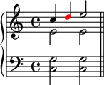 \new PianoStaff <<
\new Staff <<
\new Voice \relative c'' {
\clef treble \key c \major \time 4/4
\stemUp c4 \once \override NoteHead.color = #red d e2
}
\new Voice \relative c' {
\stemDown e2 e
}
>>
\new Staff <<
\relative c {
\clef bass \key c \major \time 4/4
<c g'>2 <c g'> \bar "||"
}
>>
>>