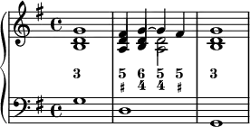{
\new PianoStaff <<
\new Staff <<
\new Voice \relative c' {
\clef treble \key g \major \time 4/4 \tempo 2 = 45 \set Score.tempoHideNote = ##t
<b d g>1 | << {fis'4 g~ g fis} \\ {s2 d} \\ {\once \override NoteColumn.force-hshift = 0 d4 \once \override NoteColumn.force-hshift = 0 d s2} \\ {s2 \once \override NoteColumn.force-hshift = 0 a} \\ {\once \override NoteColumn.force-hshift = 0 a4 \once \override NoteColumn.force-hshift = 0 b s2} >> |
< b d g >1 |
}
\new FiguredBass {
\figuremode {
<3>1 <5 _+>4 <6 4> <5 4> <5 _+> <3>1
}
}
>>
\new Staff <<
\new Voice \relative c' {
\stemDown \clef bass \key g \major \time 4/4
g1 d g,
}
>>
>> }