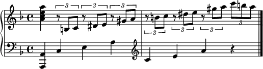 \new GrandStaff <<
\new Staff \relative c'' {
\key f \major
<a c e a>4 \times 2/3 { r8 b, c } \times 2/3 { r dis e } \times 2/3 { r gis a } |
\times 2/3 { r8 b c } \times 2/3 { r dis e } \times 2/3 { r gis a } \times 2/3 { c b a } |
}
\new Staff \relative c {
\clef "bass"
\key f \major
<a a,>4 c e a |
\clef "treble" c4 e a r | \bar "|."
}
>>