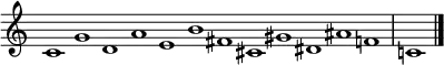 {
\omit Score.TimeSignature
\relative c' { \set Score.tempoHideNote = ##t \tempo 1 = 60 \time 12/1
c1 g' d a' e b' fis cis gis' dis ais' f | c! \bar "|."
} }
\layout { \context {\Score \omit BarNumber} line-width = #100 }