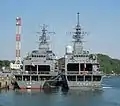 JS Tenryū and JS&nbsp;Kurobe at Kure on 15 April 2016.