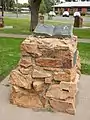 Stone cairn and bronze sculpture relating to Australian–Scottish poet Ogilvie, Bourke, NSW, Australia (2021).