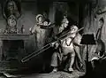 A young man is shouting at a man playing the trombone after Robert William Buss.