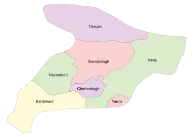Location of Chaharbagh County in Alborz province (bottom, purple)