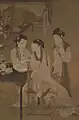 Woman wearing bijia (right). Woman wearing beizi (left). From the painting Amorous Meeting in a Room Interior, late 18th century Qing Dynasty.