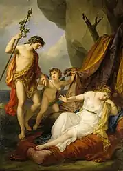 Image shows Ariadne reclined on a low cushion her head slouched and propped on one hand, with the other hand outreaching. Bacchus and a cherub stand over her, making eye contact with each other. The cherub is holding back drapery behind Ariadne. The sea is visible behind Bacchus and the cherub.