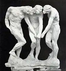 Auguste Rodin, The Three Shades, before 1886, plaster, 97 x 91.3 x 54.3&nbsp;cm. In Dante's Divine Comedy, the shades, i.e. the souls of the damned, stand at the entrance to The Gates of Hell, pointing to an unequivocal inscription, “Abandon hope, all ye who enter here”. Rodin assembled three identical figures that seem to be turning around the same point.