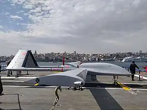 A Baykar Bayraktar TB3 on the flight deck