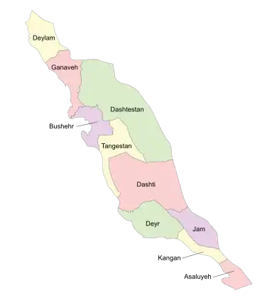 Location of Tangestan County in Bushehr province (center, yellow)