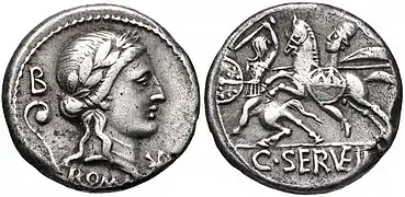 Denarius of Gaius Servilius Vatia, 82-80 BC. Apollo is depicted on the obverse with a lituus behind, while the reverse reuses that of his possible father, the moneyer of 127 (whose coin is pictured above).