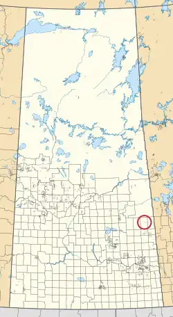 A map of the province of Saskatchewan showing 297 rural municipalities and hundreds of small Indian reserves. One is highlighted with a red circle.