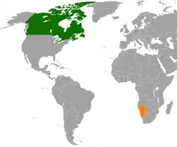 Map indicating locations of Canada and Namibia
