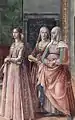 The Birth of St. John the Baptist, c. 1485–1490, by Domenico Ghirlandaio. The woman to the left wears a gamurra underneath a giornea and the women in the center seems to wear a gamurra under an overdress.