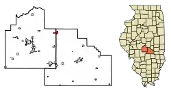 Location of Moweaqua in Shelby & Christian Counties, Illinois.