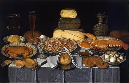 Still Life with Crab, Shrimps and Lobster, unattributed painting in the style of Clara Peeters, 1630–39