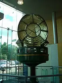 The optic from the Clare Island lighthouse now on permanent rotating display at The World of Glass gift shop, St. Helens, UK