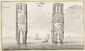 The ruins of the church towers in the 1630s