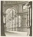 Renaissance style portico with coupled columns in park.