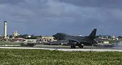 A B-1B Lancer assigned to the 9th Expeditionary Bomb Squadron lands at Andersen AFB, 2007.