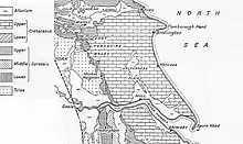 A black and white line drawing of the geological zones of the East Riding of Yorkshire