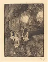Edgar Degas, Dancers in the Wings (Danseuses dans la coulisse), c. 1877, etching, aquatint, and drypoint