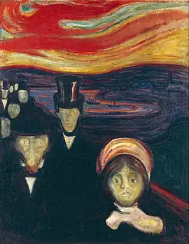 Anxiety, 1894, .mw-parser-output .frac{white-space:nowrap}.mw-parser-output .frac .num,.mw-parser-output .frac .den{font-size:80%;line-height:0;vertical-align:super}.mw-parser-output .frac .den{vertical-align:sub}.mw-parser-output .sr-only{border:0;clip:rect(0,0,0,0);clip-path:polygon(0px 0px,0px 0px,0px 0px);height:1px;margin:-1px;overflow:hidden;padding:0;position:absolute;width:1px}94 cm × 74 cm (37 in × 29+1⁄4 in), Munch Museum, Oslo