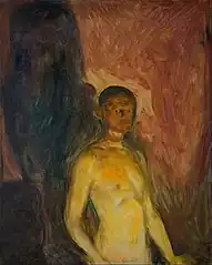 Self-Portrait in Hell, 1903, .mw-parser-output .frac{white-space:nowrap}.mw-parser-output .frac .num,.mw-parser-output .frac .den{font-size:80%;line-height:0;vertical-align:super}.mw-parser-output .frac .den{vertical-align:sub}.mw-parser-output .sr-only{border:0;clip:rect(0,0,0,0);clip-path:polygon(0px 0px,0px 0px,0px 0px);height:1px;margin:-1px;overflow:hidden;padding:0;position:absolute;width:1px}82 cm × 66 cm (32+1⁄4 in × 26 in), Munch Museum, Oslo