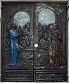 Engraved art work on door ("I tell you, Peter, before the rooster crows today, you will deny three times that you know me." Luke 22:34)