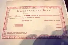 First Dutch banknote in 1814, called Roodborstje, with Fleishman's music font recycled for the decorative edging.