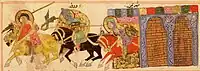 Exit of the armed Warqah from the walls of Yemen, flanked by two riders (37, 35b)