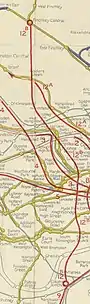 A coloured map shows proposed new railway routes superimposed in red on a map of existing railway lines