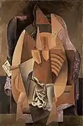 Pablo Picasso, 1913–14, Femme assise dans un fauteuil (Eva), Woman in an Armchair, oil on canvas, 149.9 x 99.4&nbsp;cm, Leonard A. Lauder Cubist Collection