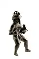 Bronze figurine of Mercury with three phalluses, with rooster in the left hand and money bag in the right hand, 100 to 250 A.D., found in Tongeren, ca 8.8 cm Gallo-Roman Museum (Tongeren)
