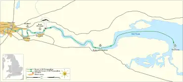 Map of the Thames from London Bridge to Sheerness, showing the positions of Blackwall, North Woolwich and Rosherville Gardens in between.