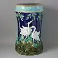 Garden seat, 20.9 ins., coloured glazes, c. 1880, storks and bamboo pattern.