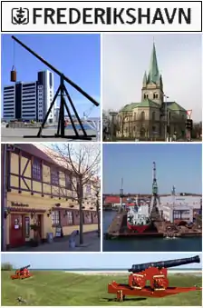 From upper left: Kattegat Silo, Frederikshavn Church&nbsp;[da], Havnegade, Port of Frederikshavn, Nordre Skanse