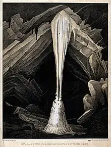 A black and white print from etching. A white column, wider at top and bottom and narrower in the centre, bisects a roughly circular cave passage, which gets darker into the distance.