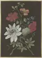 Gesteck aus Passionsblume (Passiflora), roter Kapuzinerkresse (Tropaeplum) und Vergißmeinnicht (Myosotis), mit blauem Käfer