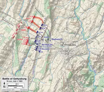 The Iron Brigade prepared for battle, at Gettysburg, by anchoring the Union Army's southern flank, 10:00–10:45&nbsp;a.m., on Day 1.