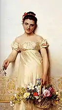 A Young Lady holding a Basket of Flowers
