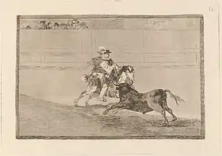 Νο. 13: Un caballero español en plaza quebrando rejoncillos sin auxilio de los chulos (A Spanish knight in the plaza, breaking his spears without being helped by the "chulos")
