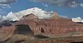 Brahma Temple (left) and Zoroaster Temple (right), from southwest(Sumner Butte, shaded, in lower left)