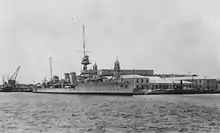HMS&nbsp;Dauntless&nbsp;(D45) at the Royal Naval Dockyard in Bermuda in the 1930s