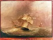 HMS&nbsp;Pique in a gale, flying the white ensign upside down