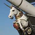 HMS&nbsp;Unicorn in Dundee. Close-up view of the unicorn sculpture.